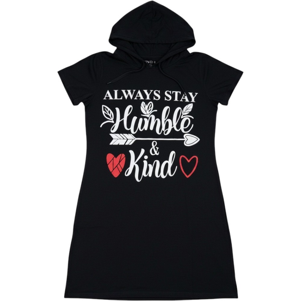 On Fire Womens 2X Always Stay Humble & Kind Hooded Graphic T-Shirt Dress Black